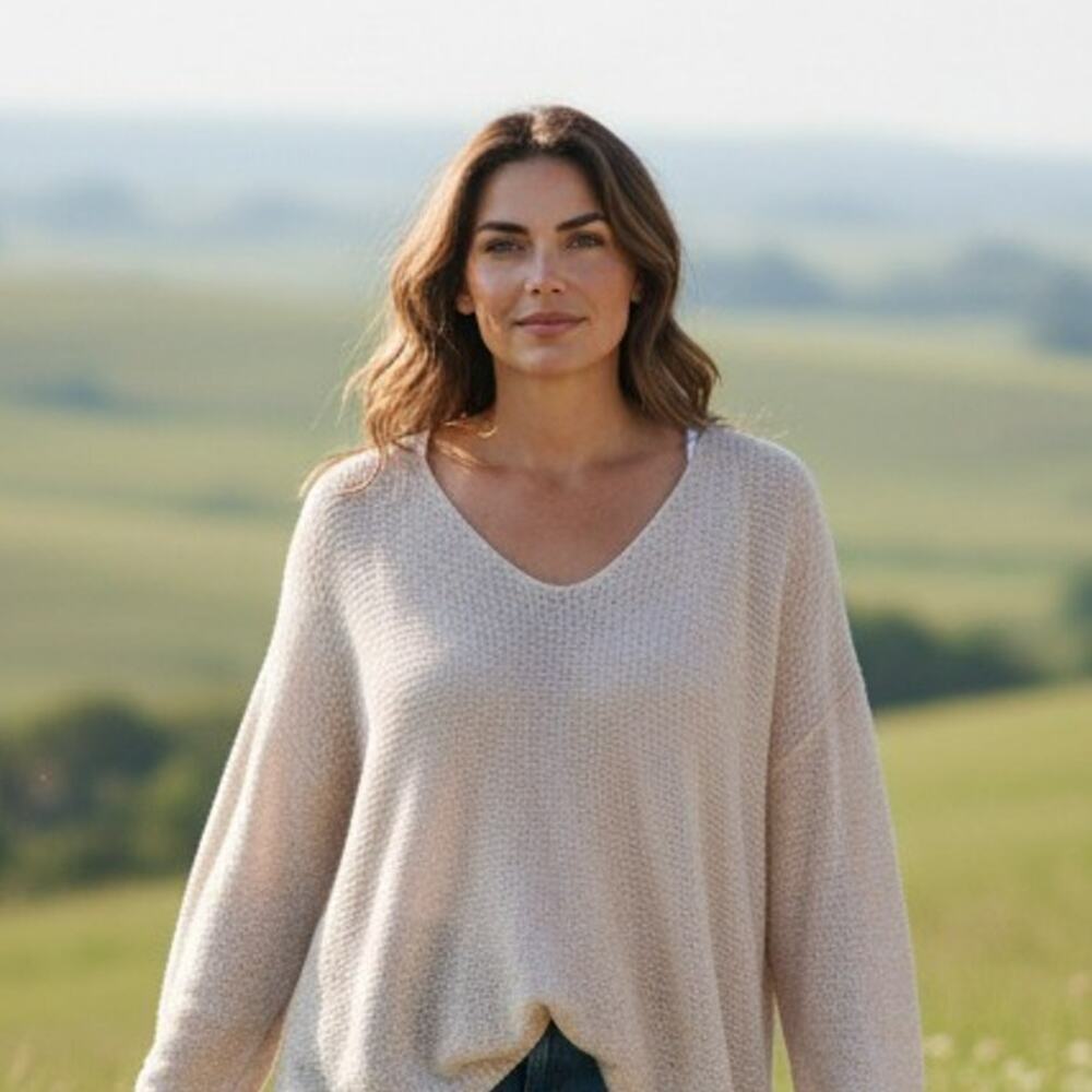 Additions Chicos Sweater Womens 3 or XL Beige Linen Blend V Neck Open Knit Sheer